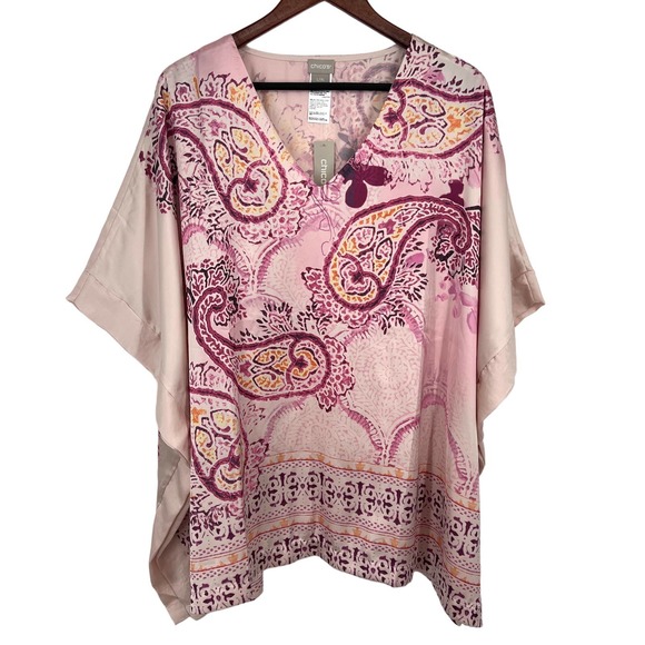 Chico's Tops - NEW Chico's Size L/XL Paisley Poncho Pink Blouse Shirt Top Beach Travel Cover Up